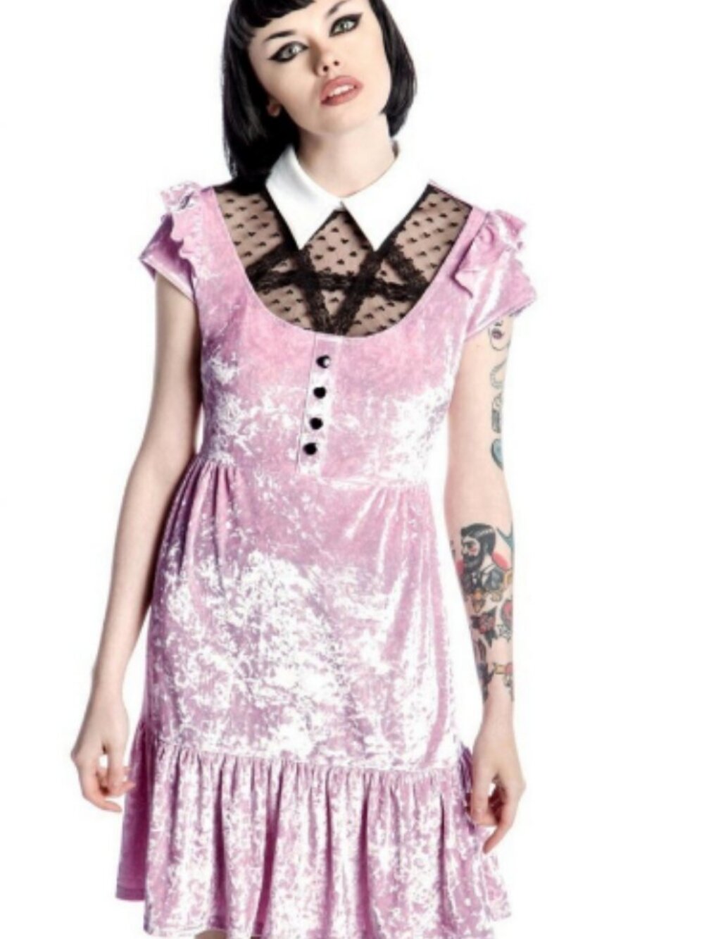 Killstar Dusty Rose Velvet Dress Pentagram Lace Cut Out with Contrast ShirCollar